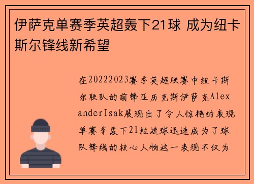 伊萨克单赛季英超轰下21球 成为纽卡斯尔锋线新希望